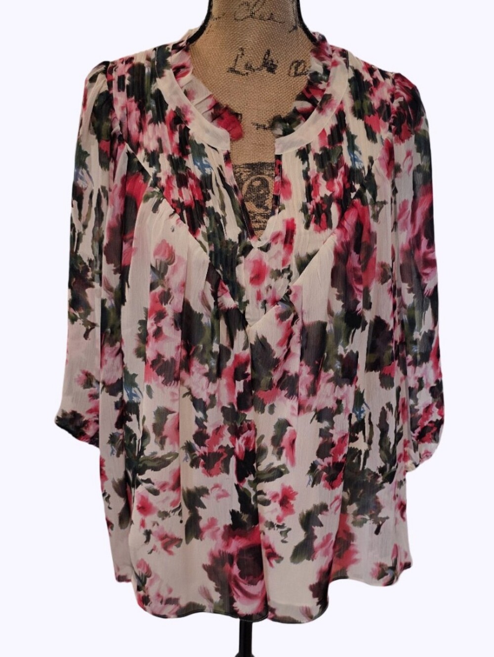 Rose + Olive Plus 1X Floral Pleated Chiffon Tunic Blouse Pink Ivory 3/4‎ Sleeve
